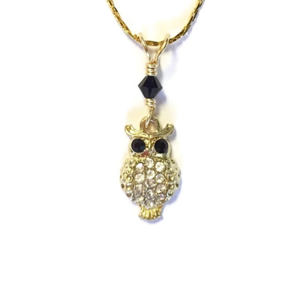 Little Gold Owl Necklace with Rhinestones